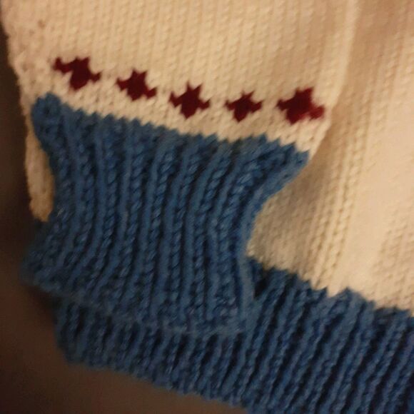 Hand Knitted  Cardigan Child Sweater Blue Maroon White Pattern Hand Handmade M L - Picture 7 of 8